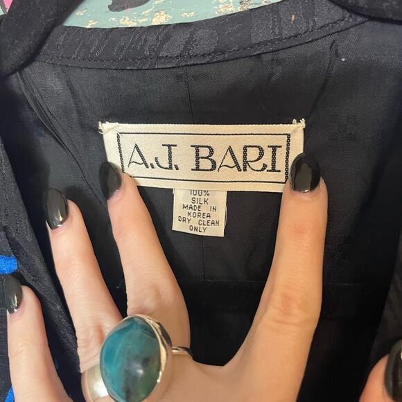 Vintage 80s Silk Floral Blue and Black Blazer with Rhinestone Button and Bow 1 - Picture 8 of 15